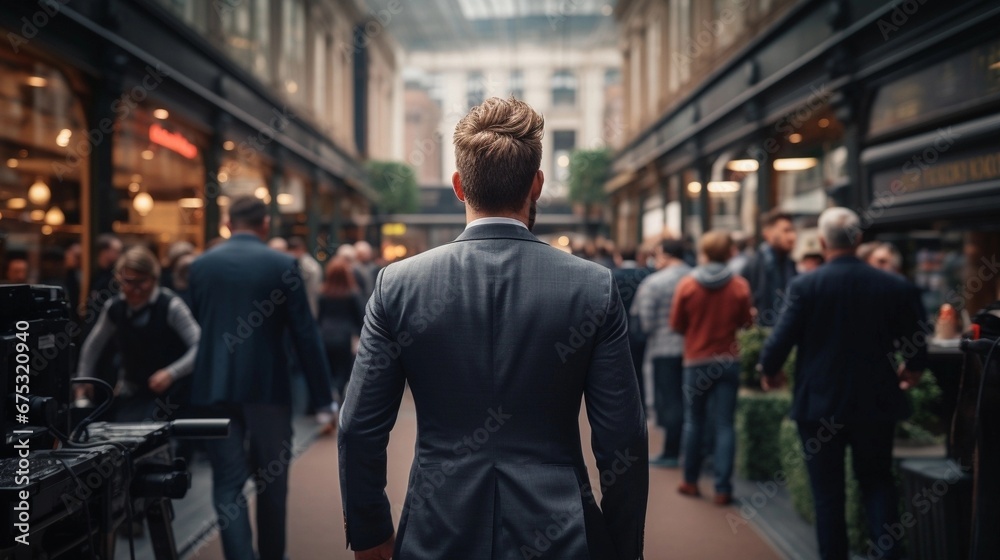 business man, back view, in the office, skyline view