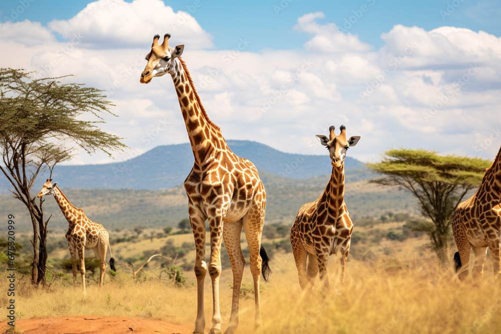 Group of Giraffe in grassland savanna day time, tallest animal in the world.
