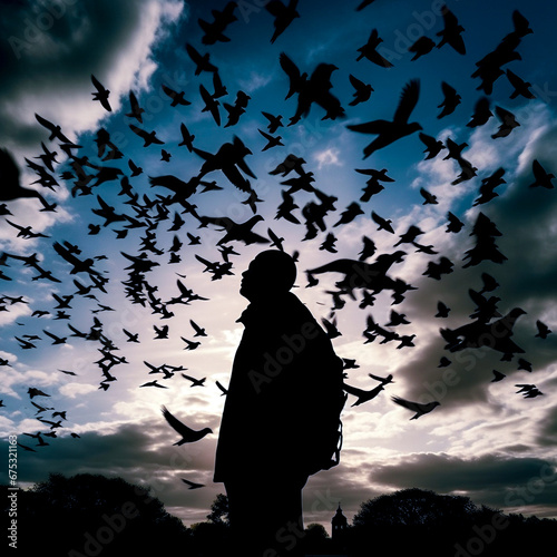 Man looking up at a large flock of bird