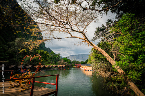 Tha Farang, a tourist attraction for swimming, eating, and relaxing surrounded by limestone mountains, is in Thakhek, Khammouane Province, Laos, 28 October 2023. photo