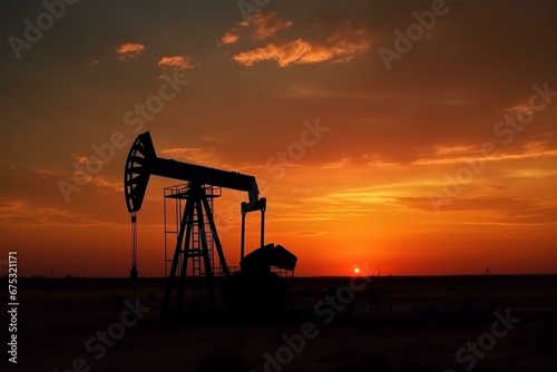 Sunset silhouette of oil pumpjack rig in the desert, an industrial machine for petroleum gas production. Generative AI