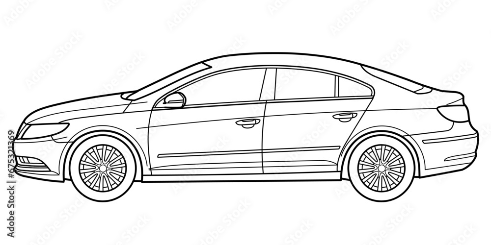Classic sedan or coupe car. 4 door car on white background. Side view shot. Outline doodle vector illustration