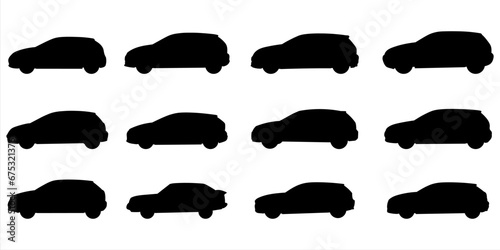 Set with 12 different silhouette types of hatchback cars in vector, side view. Doodle collection.	
 photo