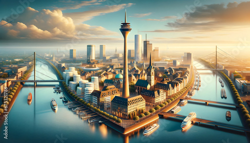 Düsseldorf - AI generated photorealistic image that represent the 10 most iconic associations with Dusseldorf. Business card of Dusseldorf, promo photo