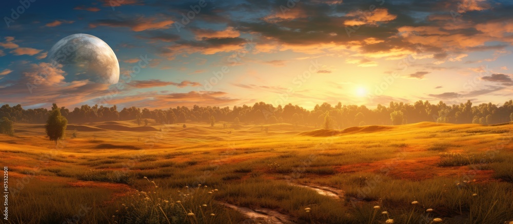 In the background the summer sky embraces the breathtaking beauty of nature with golden grass swaying in the landscape As autumn approaches a circle of vibrant blue surrounds the farm where In the background the summer sky embraces the breathtaking beauty of nature with golden grass swaying in the landscape As autumn approaches a circle of vibrant blue surrounds the farm where