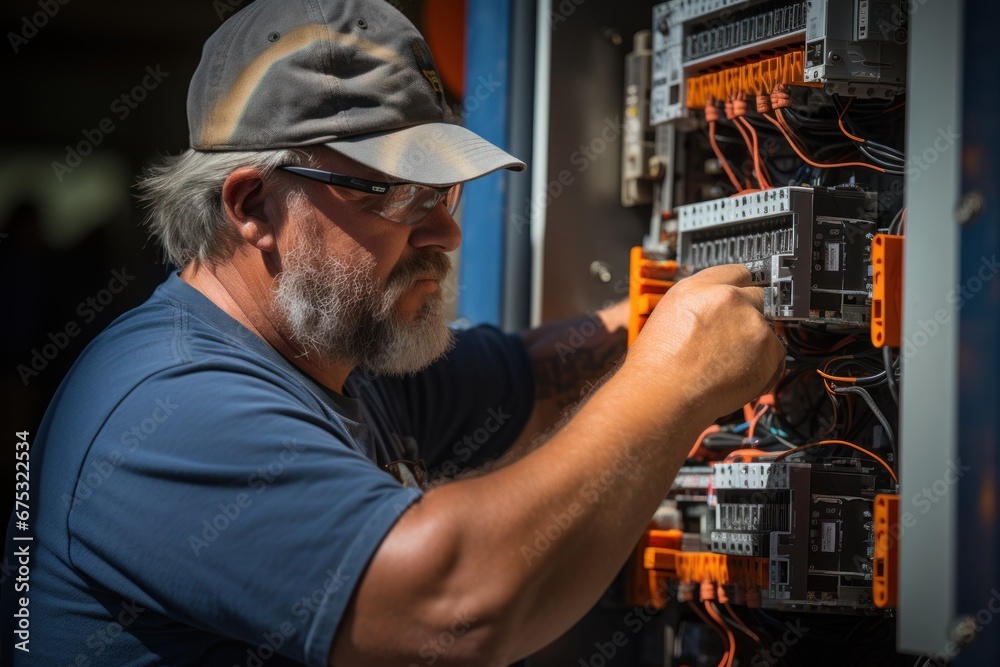 Professional electrician working on the electrical system Professional electrician working on the electrical system