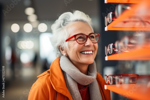 Happy senior lady choosing prescription glasses