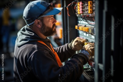 Professional electrician working on the electrical system © sirisakboakaew