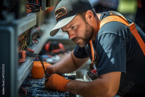 Professional electrician working on the electrical system photo