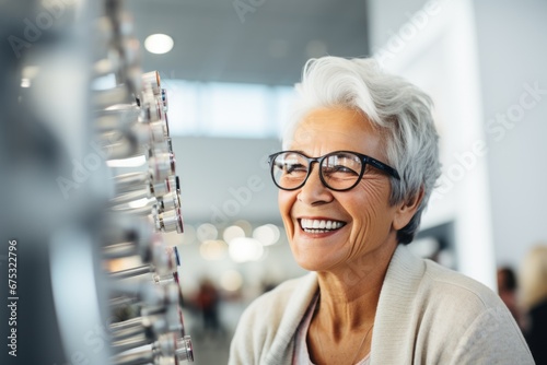 Senior woman having an eye test and trying new glasses photo