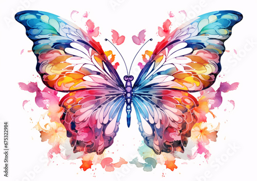 Colorful butterflies watercolor isolated on white background. Pink  green  brown  yellow butterfly.