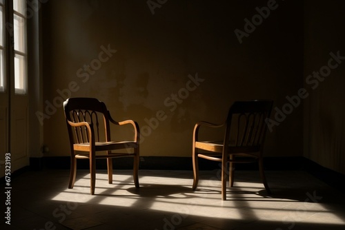 Two chairs in vacant room with wall shadow. Generative AI