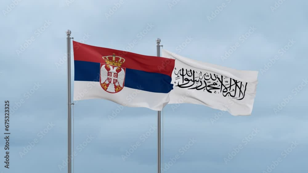 Serbia flag and Afghanistan flag waving together on cloudy sky, endless seamless loop