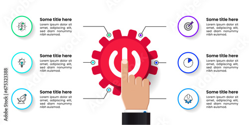 Infographic template. Red power button with gears and 6 steps