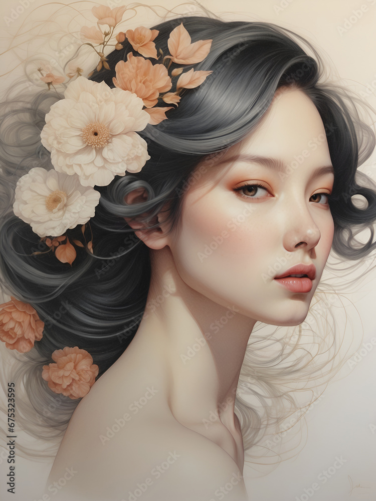 thin line drawing sketch of a beautiful woman with flowers in her hair