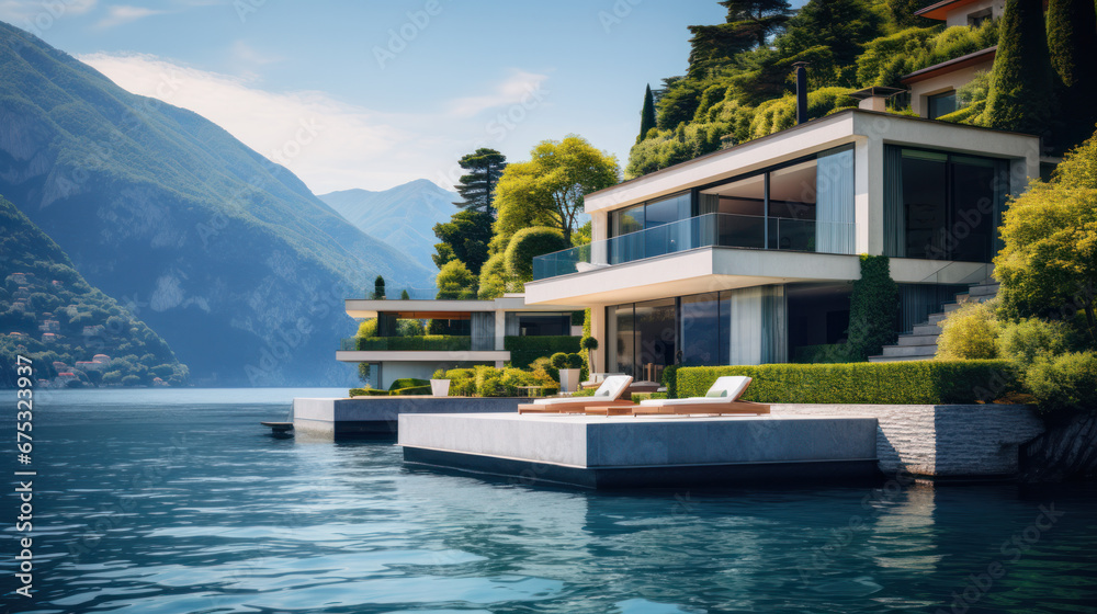 Modern house with direct access to the lake. View from the lake of the house and the landscape surrounding the house. Want to relax and summer.