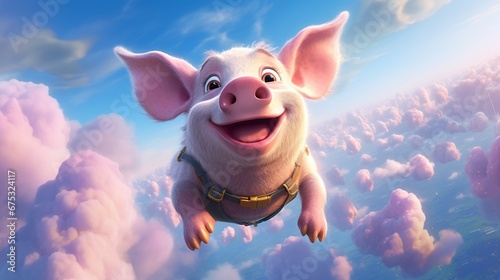 Character Animated pig airborne winged whimsical.Generative AI photo