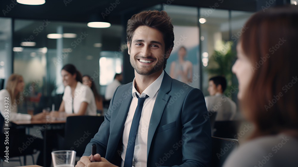 relax man positively exchanging with colleagues in a corporate office relax man positively exchanging with colleagues in a corporate office
