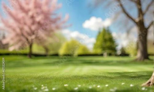 Scenic Spring Serenity: A Blurred Background Showcasing a Pristine Lawn Encircled by Trees, Beneath a Bright Sunny Sky with Fluffy Clouds, Exuding the Beauty of a Perfect Spring Day