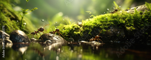 Ant in green nature near water or forest brook. Ants drinking detail, copy space for text.