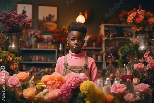 happy african american boy florist in flower shop