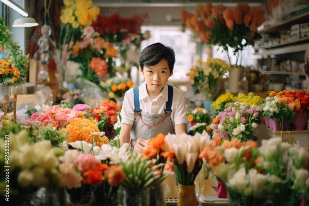 happy asian boy florist in flower shop happy asian boy florist in flower shop