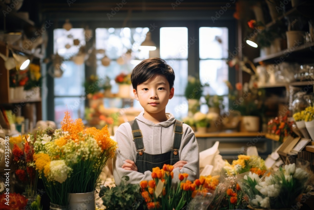 happy asian boy florist in flower shop