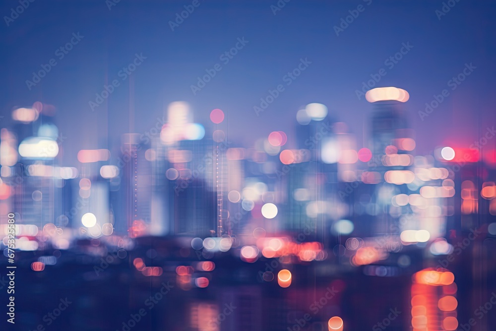 Luminous cityscape. Urban lights in blurred night skyline. Abstract modern city light. Bokeh effect landscape. Downtown blur. Illuminated skyline in . Glowing in motion