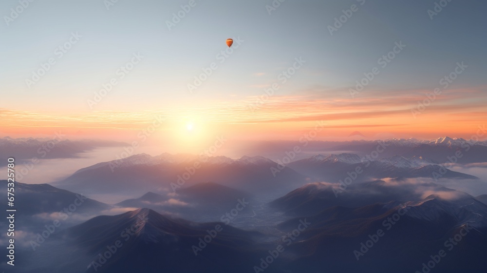 A high-altitude balloon view of an alpine landscape during sunrise, the light casting a golden glow over the mountains.  --