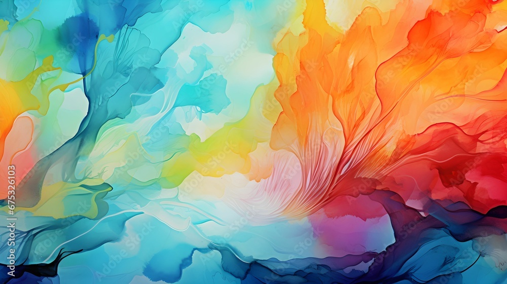 Abstract watercolor paint background, splash of colorful paint, orange and blue swirls of colors, waves, splatter of acrylic paint, Abstract painting with vibrant colors, paint, brush strokes	