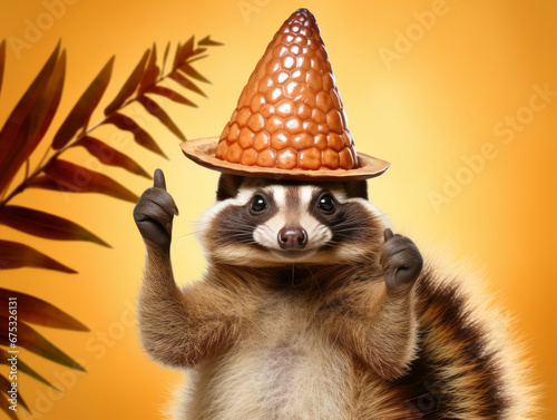 illustration of cute raccoon in a pine cone hat shows thumbs up. creative banner
