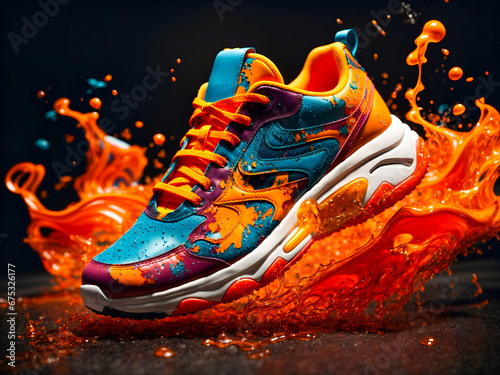 a vibrant sneaker with a dynamic and colorful design