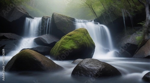 A dreamy  long-exposure photograph of a misty waterfall  with the water appearing smooth and ethereal  AI generated  background image