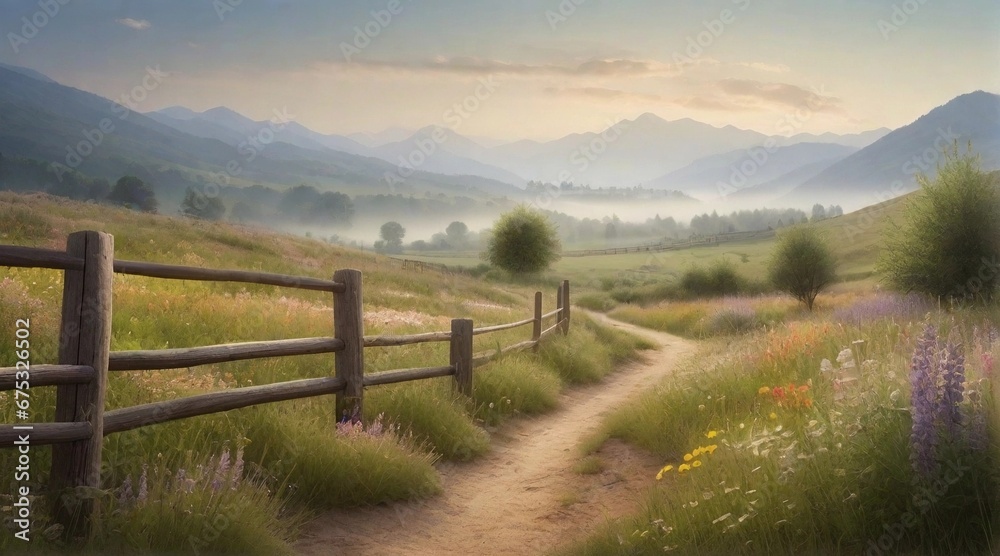 A serene countryside scene with a winding trail through a field of wildflowers, framed by rustic fences and a distant, misty mountain backdrop, AI generated, background image