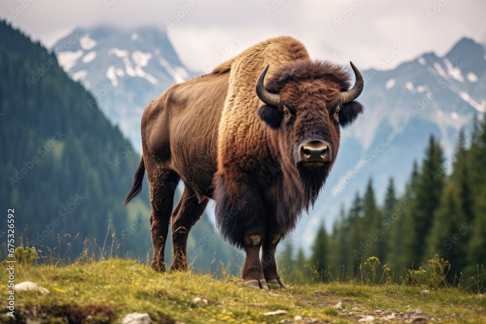 Bison on a mountain pasture - obrazy, fototapety, plakaty 