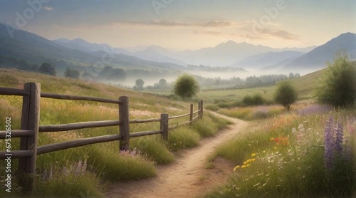 A serene countryside scene with a winding trail through a field of wildflowers, framed by rustic fences and a distant, misty mountain backdrop, AI generated, background image