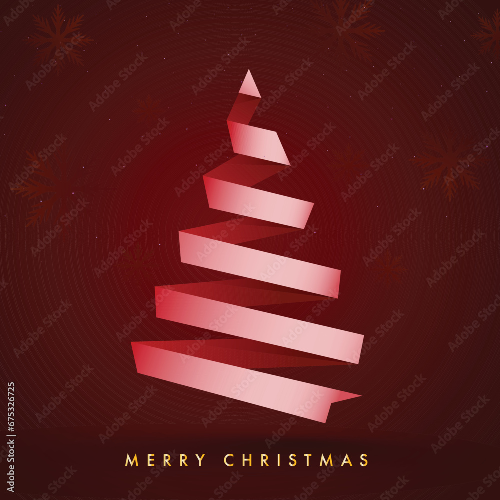Creative Xmas Tree Made By Ribbon on Red Snowflakes Background for Merry Christmas Celebration. Creative Xmas Tree Made By Ribbon on Red Snowflakes Background for Merry Christmas Celebration.