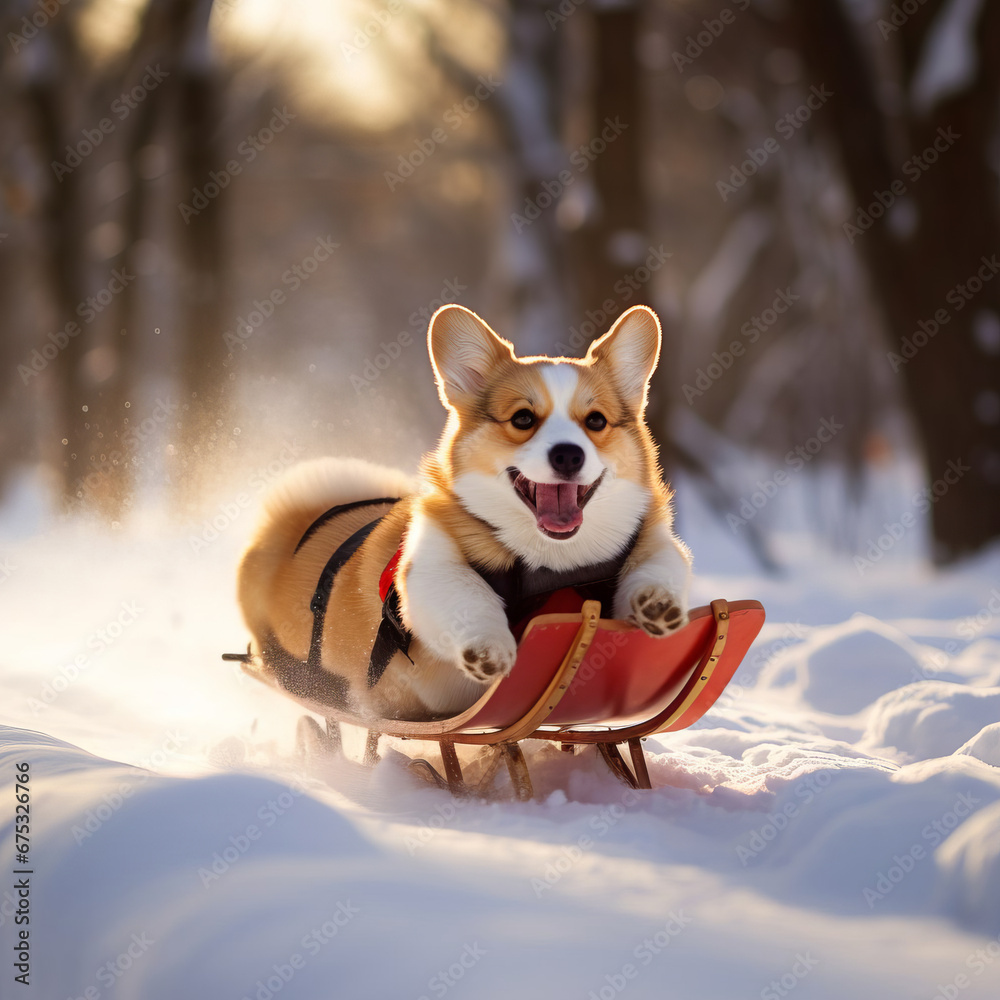 Happy corgi sledding