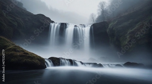 A surreal and moody photograph of a misty waterfall, with the mist and fog creating an enigmatic atmosphere, AI generated, background image © Hifzhan Graphics