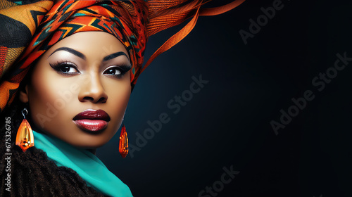 Attractive beautiful African woman portrait traditional african headwear and jewelery black background and copy space