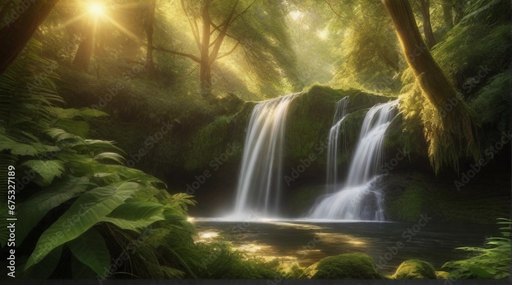 An enchanting waterfall hidden deep within the forest, framed by lush greenery and illuminated by soft, golden sunlight streaming through the trees, AI generated, background image An enchanting waterfall hidden deep within the forest, framed by lush greenery and illuminated by soft, golden sunlight streaming through the trees, AI generated, background image