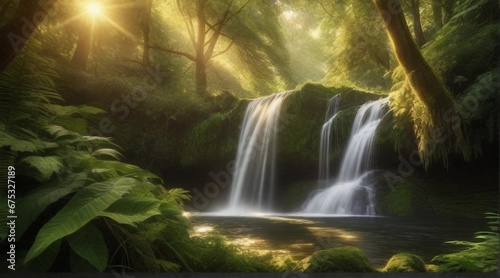 An enchanting waterfall hidden deep within the forest, framed by lush greenery and illuminated by soft, golden sunlight streaming through the trees, AI generated, background image © Hifzhan Graphics