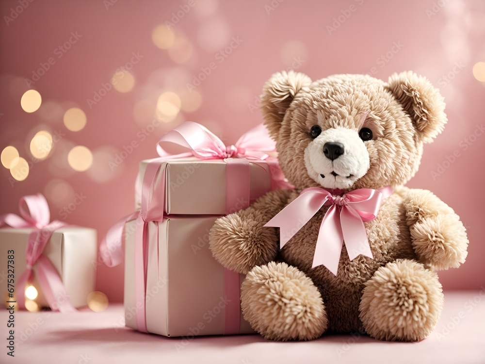 a teddy bear with a pink ribbon around its neck, sitting beside a gift box