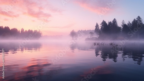 A serene lake at dawn, mist hovering over the surface, reflecting the pink and orange hues of the e