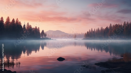 A serene lake at dawn, mist hovering over the surface, reflecting the pink and orange hues of the e