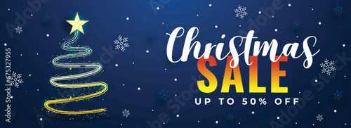 Blue header or banner design with Xmas tree made by glitter lighting effect and 50% discount offer for Christmas Sale.