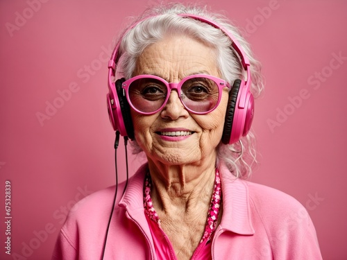 a cheerful, stylish elderly woman with a silver beard, wearing pink sunglasses and pink headphones