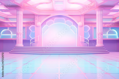 Empty stage light background with spotlight illuminated stage for concert or modern dance. Stage with pastel color decoration. Entertainment show. Night club stage with pink blue light.