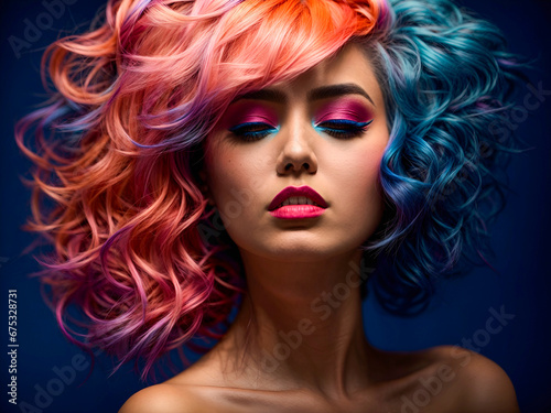 a woman with a dramatic and colorful hairstyle