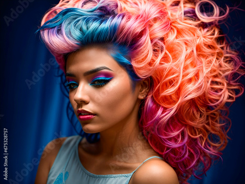 a woman with a dramatic and colorful hairstyle